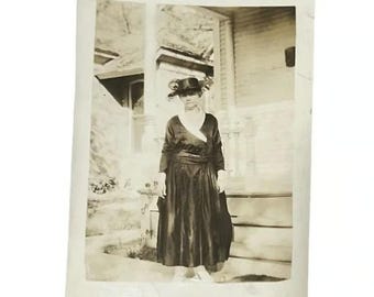 Woman Posing in Edwardian Fashion With Hat in Black Vintage Photo BBX