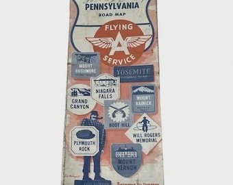 Flying A Service Pennsylvania Road Map Vintage 1959