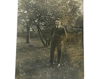 Young Man Posing Under Tree in Orchard Vintage Antique Photo 1910s