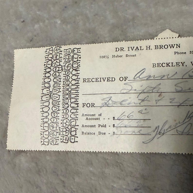 Teeth Chart Ed Vintage 1950 Dental Receipt Dr Ival H Brown Beckley WV Ephemera Dental ...