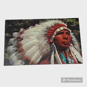 May include: A vintage postcard showing a portrait of a Native American man. He wears a traditional headdress with red, white, and grey feathers. His face is painted red, and he has a colourful scarf. The background is a blurred image of trees.