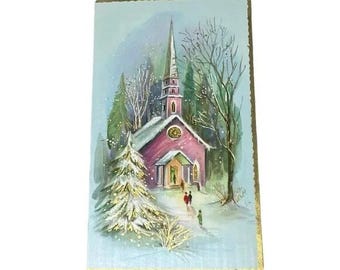Una cartolina di Natale vintage con chiesa rosa di Select Card Pink Church BBX