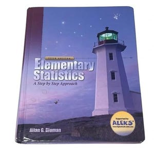 May include: A hardcover textbook titled Elementary Statistics: A Step by Step Approach, 11th edition, by Allan G. Bluman. The cover features a white lighthouse against a purple twilight sky with stars and a yellow badge stating Supported by ALEKS.