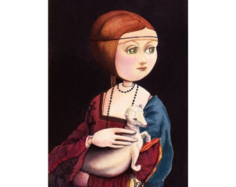 Mimi as “Cecilia Gallerani” Lady with an Ermine by Leonardo da Vinci, Giclee Fine Art Print, Old Master Painting, Doll Character Painting.