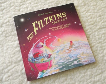 Illustrated Children's Book "The Filzkins Take Off" Paperback, Outer Space, Adventure, UFO, Planets, Universe, Felted Toys, Aliens, Story