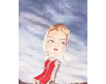 Mimi Doll as "Romy Schneider" the German Movie Star from a 1950s photo Giclee Fine Art Print, Watercolour Painting, Giclée Print .