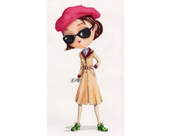 Mimi as "A Detective"  Giclee Fine Art Print of an Original Painting. Fashion Doll Character in Vintage Costume, Giclée Printed Watercolour