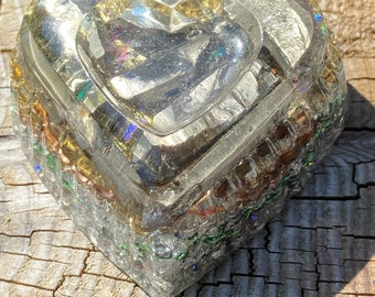 Labradorite & Silver Metallic Quartz with a Copper Spiral -  Large Heart - Healing Tools - Energy Balancing Artwork