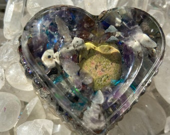 Unakite Jasper & Amethyst with Mixed Metal Metal Cogs  -  Large Heart - Healing Tools - Energy Balancing Artwork