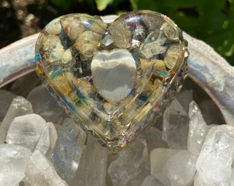 Blue Lace Agate - Citrine, Quartz - with Mixed Metal Metal Cogs  -  Large Heart - Healing Tools - Energy Balancing Artwork