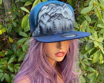 Mount Shuksan - Hand Painted Hat - More Forest & More Mountains Please - Snapback Hat - Navy Blue Flatbill hat