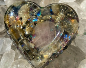 Labradorit & Rosenquarz mit einer Kupferspirale - Großes Herz - Heilwerkzeuge - Energieausgleichendes Kunstwerk