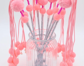 Bouncy Pink Pom Cat Teaser Wand Toy Set  Interactive Exercise Cat Show Inspired Pom-Pom Cat Teaser Toy Sparkly Cat Stick Toy Feather Cat Toy