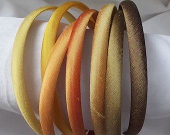 Pure silk dupion headband yellow orange antique gold skinny narrow plain dupioni silk christening wedding hair head alice band 1cm wide