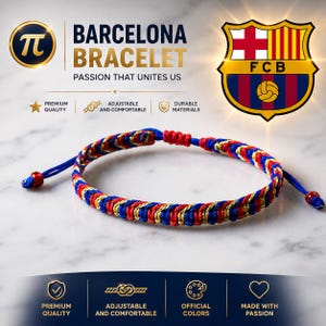Puede incluir: Una pulsera trenzada con un patrón de espiga repetitivo en hilos rojos, azules y dorados. La pulsera incluye extremos de cordón azul ajustables con pequeñas cuentas rojas. El texto en la imagen incluye BARCELONA BRACELET, PASSION THAT UNITES US y FCB.