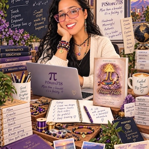 Puede incluir: Un espacio de trabajo con un portátil con el logo de PiStore718, un libro Prosper Path, un cuaderno con una lista de tareas, pulseras de cuentas moradas y doradas con dijes de pi, un globo terráqueo, una taza Fueled by Big Dreams y carteles.
