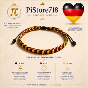 Könnte beinhalten: Ein geflochtenes Armband aus schwarzen, roten und goldenen Fäden. Das Design umfasst verstellbare schwarze Schnüre mit kleinen schwarzen Perlen an den Enden. Das Bild enthält Text, darunter PiStore718, Prosper Path und Erklärungen zu den Farben.