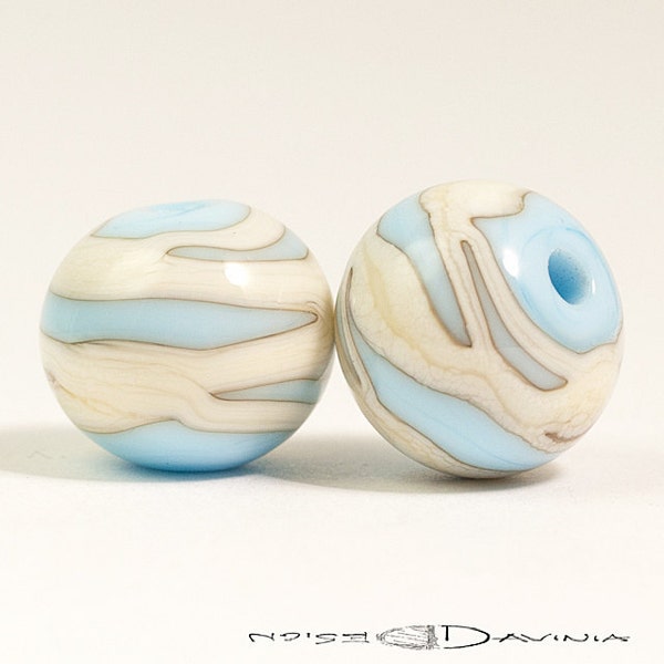 Ivory Cream on Aqua Blue Lampwork Glass Beads (2) - DaviniaDesign