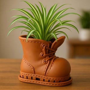 May include: A brown ceramic boot-shaped planter filled with a green and white striped plant. The planter has a detailed design with laces and stitching, and sits on a matching base. The plant's long, slender leaves cascade over the planter's edge.