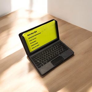 A 3d printed business card holder in the design of a laptop computer, holding a green business card, sitting on a wooden desk.