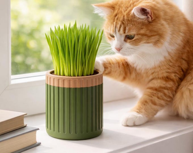 Cat Grass Self-Watering Planter Kit | Healthy Pet-Safe Grass for Cats | 3D Printed Planter with Soil & Seeds | Eco-Friendly Gift