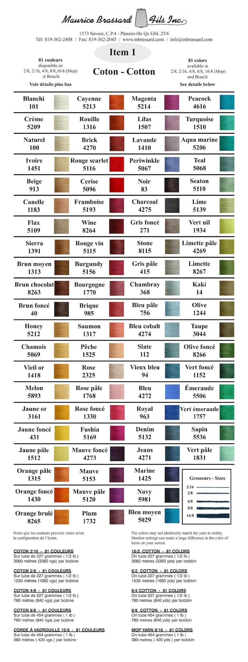 Maurice Brassard 8/4 cotton weaving yarn color card. Cotton cones for weaving, knitting machines and all crafts.