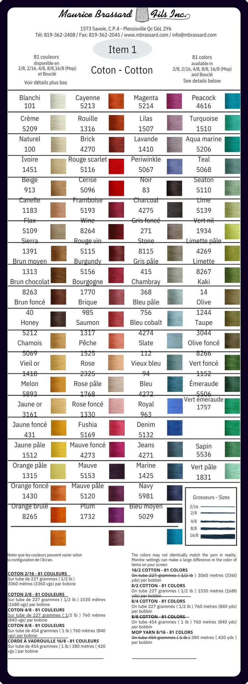 Maurice Brassard 8/2 cotton weaving yarn color card. 81 colors available in 8/2 cotton cones for weaving, knitting machines and all crafts.