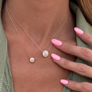 Lab Grown Diamond Bezel Solitaire Necklace Pendant/Dainty Diamond Necklace for Women/ 14K White,Yellow,Rose Solid Gold/IGI certified/ 1-5 ct