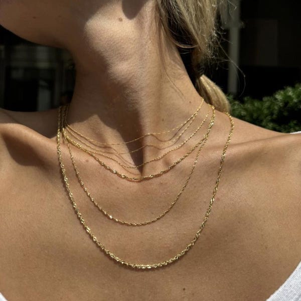 14K ソリッド イエロー ゴールド シンガポール ロープ チェーン ネックレス、16" 18" 20" 22" 24" インチ、0.6 mm 0.8 mm 1 mm 1.5 mm 1.7 mm 2.1mm 厚、レディース、細いゴールド チェーン