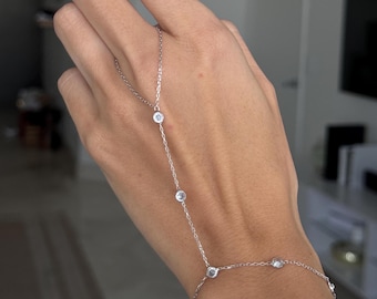 14K Solid Gold Bezel Diamond Hand Chain/Solid Gold Chain/ Gold Ring Bracelet/Handlet Bracelet/ Adjustable/Double Sided/Trending/ Lab Diamond