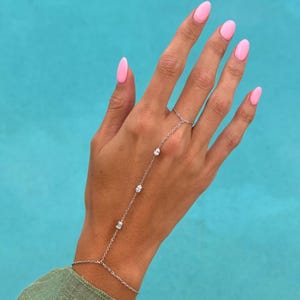 Lab Diamonds 14K Solid Gold Diamond Hand Chain/Solid Gold Chain/Gold Ring Bracelet /Handlet Bracelet/Adjustable length/Trending/Slave Chain
