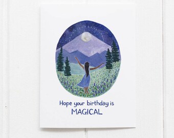 Magical Birthday Card / Woodland Birthday Card / Watercolor Card / Greeting Card / Moon Birthday Card / Pacific Northwest Card / Full Moon