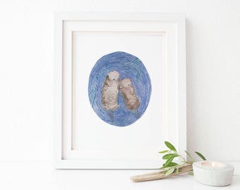 Otters Holding Hands Art Print / Watercolor / Nursery Decor / Gifts for Girls / Otters Art / Gifts for Her / Gifts for Moms / Baby Shower