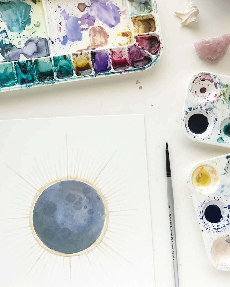 Total Solar Eclipse Art Print / Watercolor / Art Print / Solar Eclipse / Solar Eclipse Gifts / Gifts for Her / Solar Eclipse Art / Moon image 2