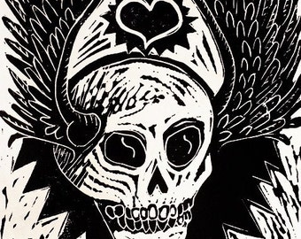 Winged Tattoo Skull - Linocut Print