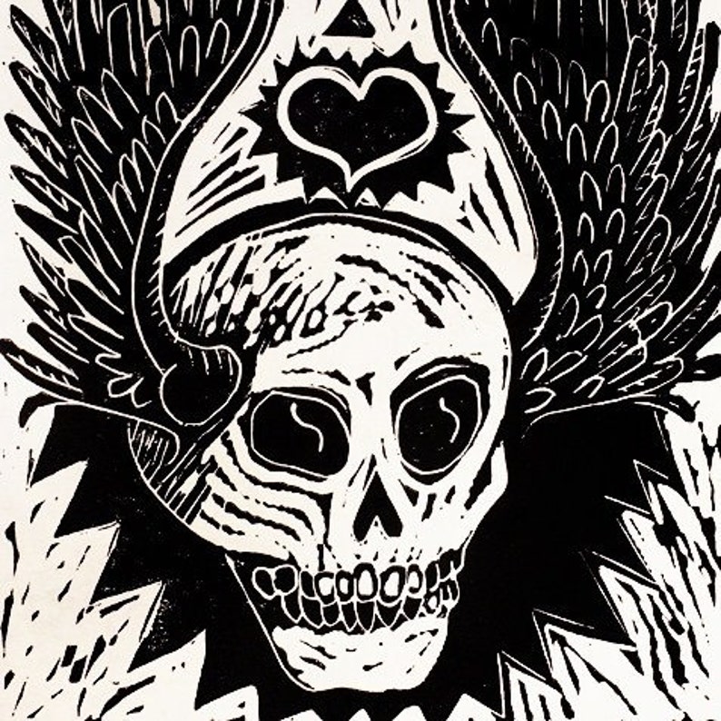 Winged Tattoo Skull Linocut Print Etsy