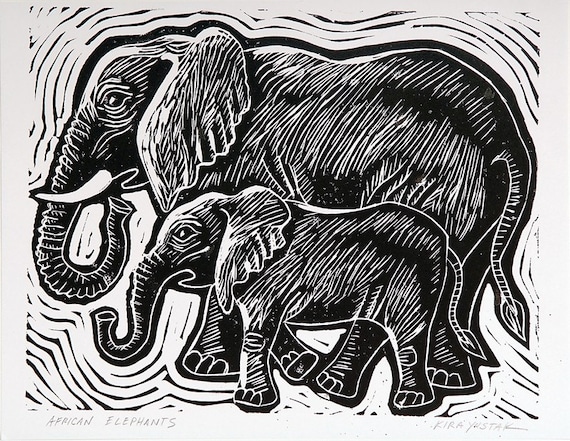 African Elephants - Linocut Print
