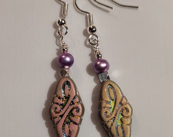 Sage and violet Czech glass earrings
