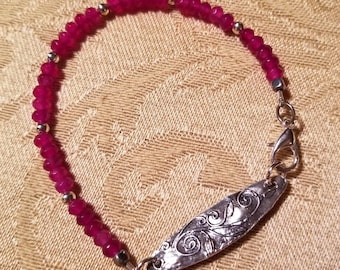 Cherry jade gemstone bracelet with silver charm focal