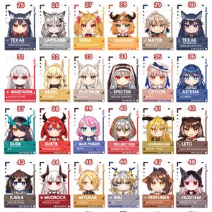 May include: A collection of 24 character cards from the Arknights game, each featuring a unique anime-style illustration. The cards display various characters with distinct hairstyles, outfits, and accessories, along with their names and affiliations.