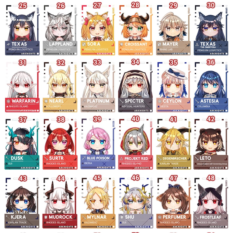 May include: A collection of 24 character cards from the Arknights game, each featuring a unique anime-style illustration. The cards display various characters with distinct hairstyles, outfits, and accessories, along with their names and affiliations.