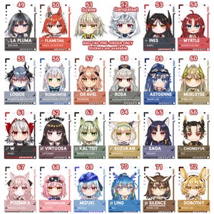 May include: A collection of anime-style character stickers, each with a unique design and name. The stickers feature colorful illustrations of various characters with different hairstyles and outfits. Text on the stickers includes character names and series titles.