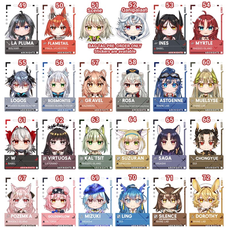 May include: A collection of anime-style character stickers, each with a unique design and name. The stickers feature colorful illustrations of various characters with different hairstyles and outfits. Text on the stickers includes character names and series titles.