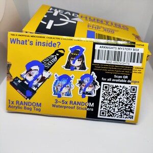 May include: A yellow Arknights Mystery Box with the text "What's inside?" and "Arknights Mystery Box". The box contains a random acrylic bag tag and 3-5 random waterproof stickers. A QR code is also visible.