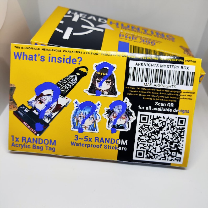 May include: A yellow Arknights Mystery Box with the text "What's inside?" and "Arknights Mystery Box". The box contains a random acrylic bag tag and 3-5 random waterproof stickers. A QR code is also visible.