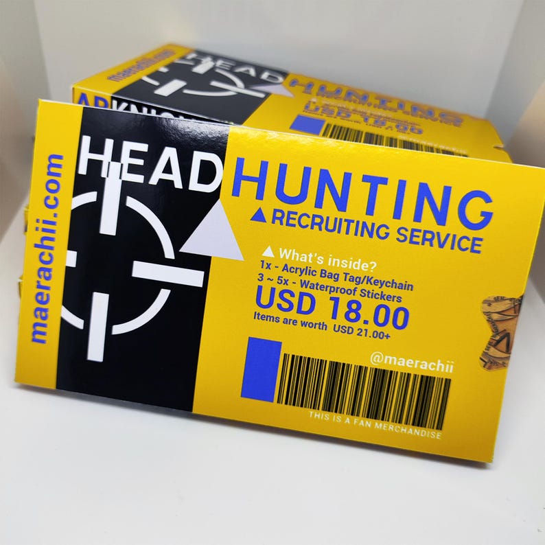 May include: Yellow rectangular package with the words "HEAD HUNTING RECRUITING SERVICE" in blue and white. The package includes an acrylic bag tag/keychain and waterproof stickers. The website maerachii.com is also visible.