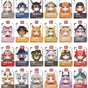May include: A collection of 24 character cards from the Arknights game, each featuring a unique anime-style illustration. The cards display various characters with distinct hairstyles, outfits, and accessories, with names and affiliations.