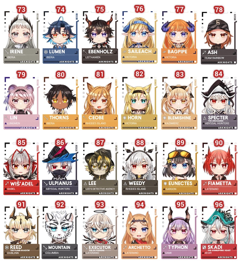 May include: A collection of 24 character cards from the Arknights game, each featuring a unique anime-style illustration. The cards display various characters with distinct hairstyles, outfits, and accessories, with names and affiliations.