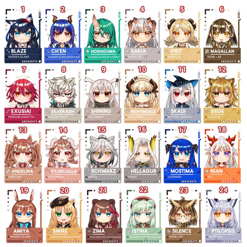 May include: A collection of 24 anime-style character cards, each featuring a unique female character with animal-like features. The cards have colorful backgrounds and character names, such as Blaze, Ch'en, and Hoshiguma. The cards are labeled with the text "Arknights".