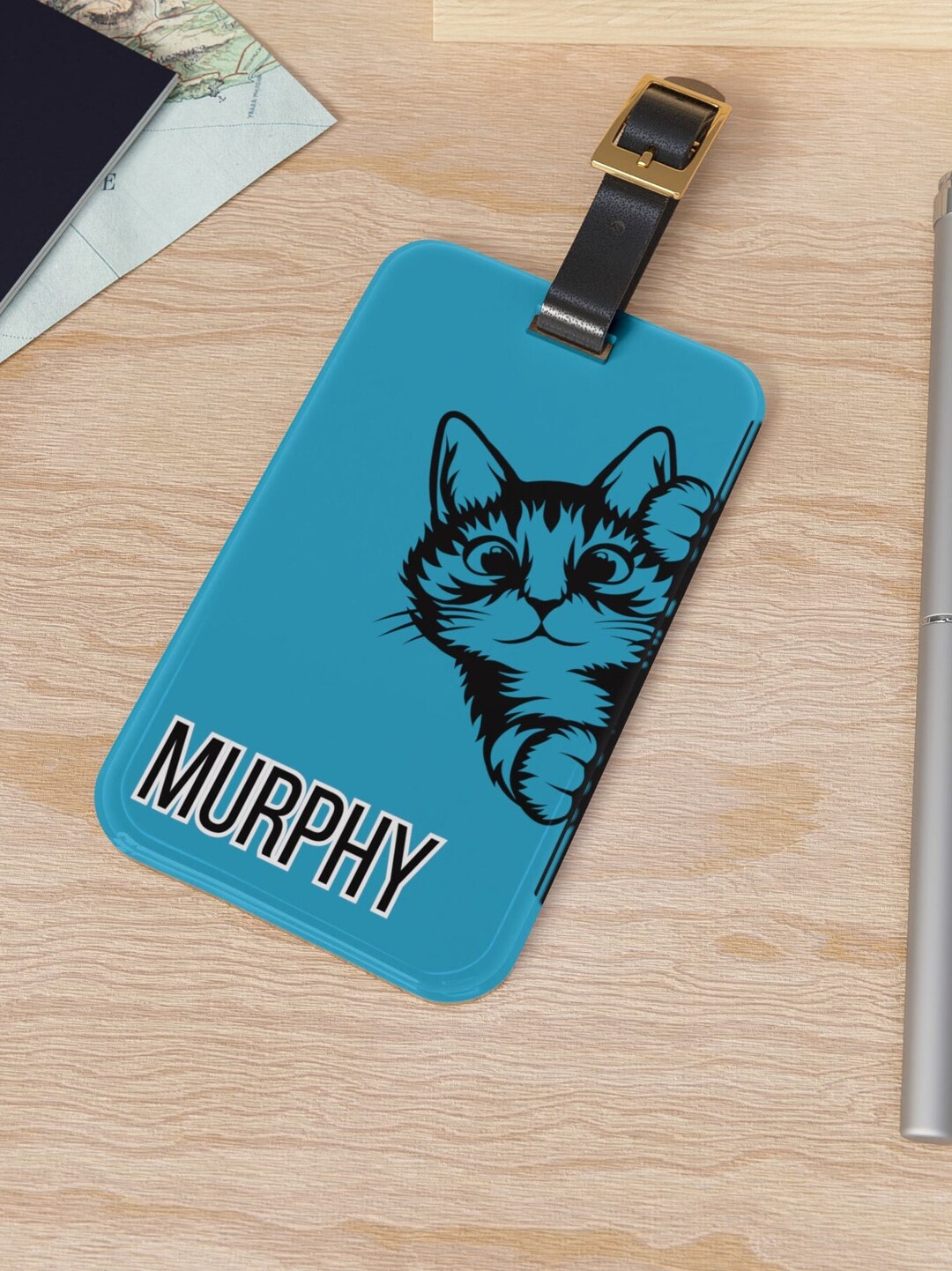 Personalized Turquoise Peeking Cat Luggage Tag, Unique Luggage Tag, Cat ...